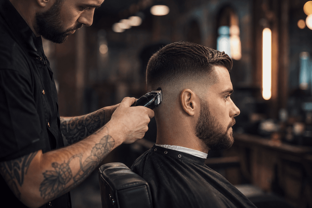 Barber giving a clean fade haircut