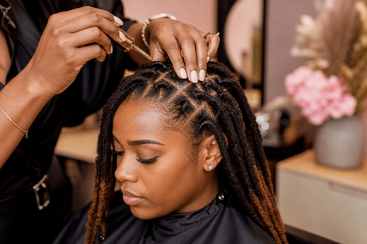 Fresh loc retwist service in a warm salon setting
